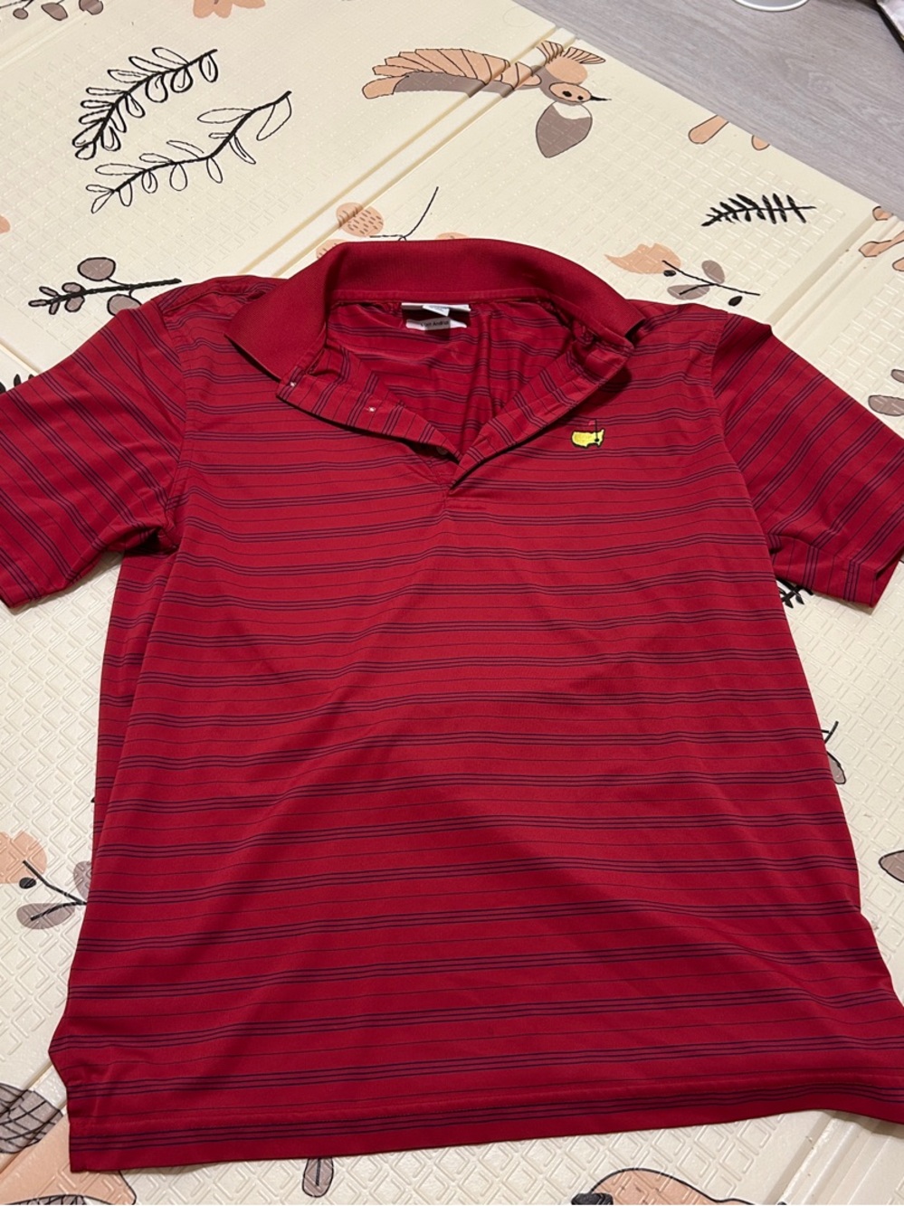 Masters Red Striped Polo with Small Yellow Chest Emblem